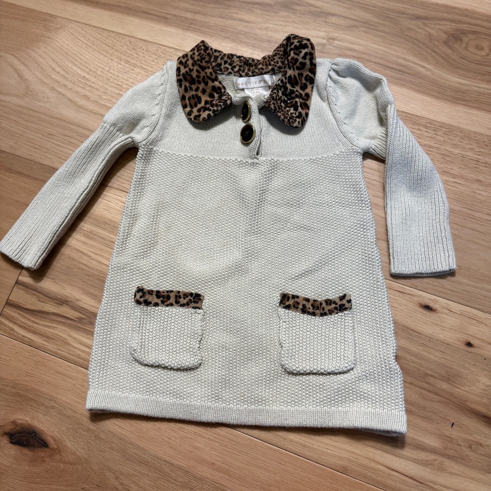 Maggie & Zoe Sweater Dress Girls 18M Cream Leopard Print Collar Cotton RN 59478
